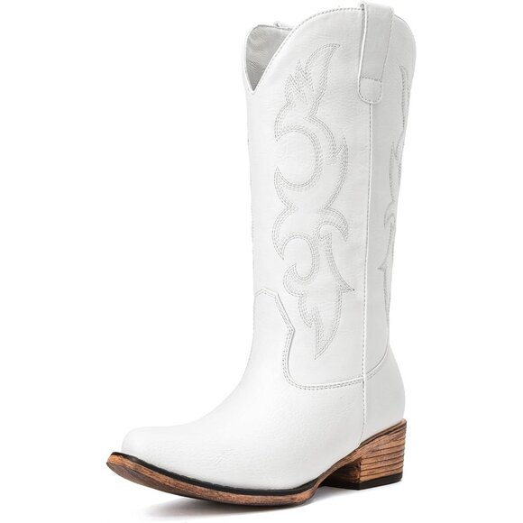 🆕Women White Faux Leather Snip Toe Chunky Block Heel Embroidered Western Boot - Picture 8 of 9